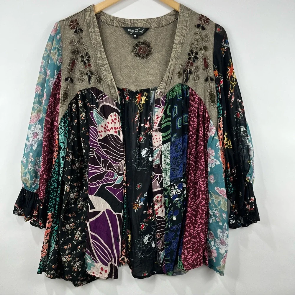 Boho Patchwork Button Down Blouse M | Embroidered Flowy Layering Top - Picture 4 of 11